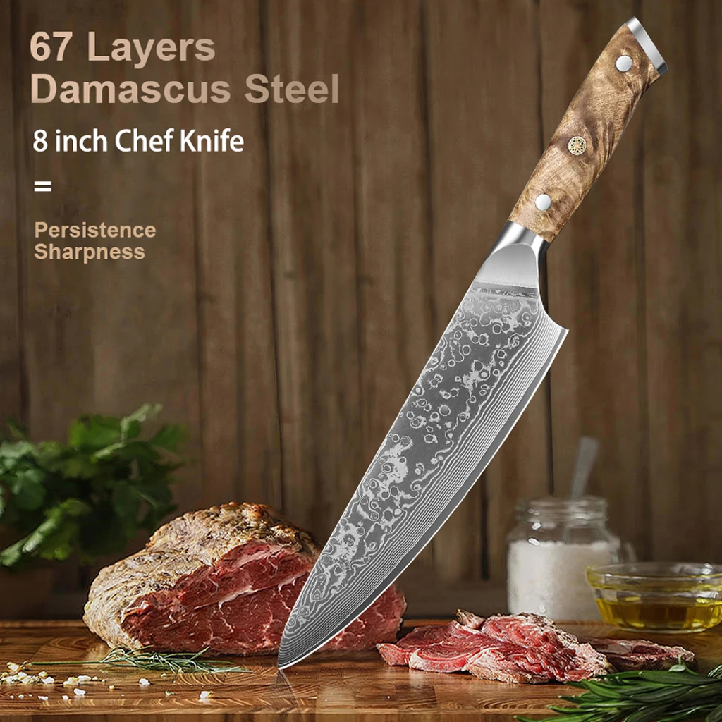 

8 inch Professional kitchen knife Handmade Damascus Steel Chef Knife Natural Burl wood Handle Meat & Vegetable Slicer Gift Box