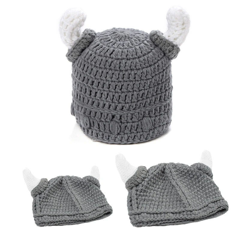 Retro Parent-Child Winter Hat Vintage Knit 3D Box Horn Beanie Cap Hip Hop Halloween Barbarian Viking Skullcap Funny Style