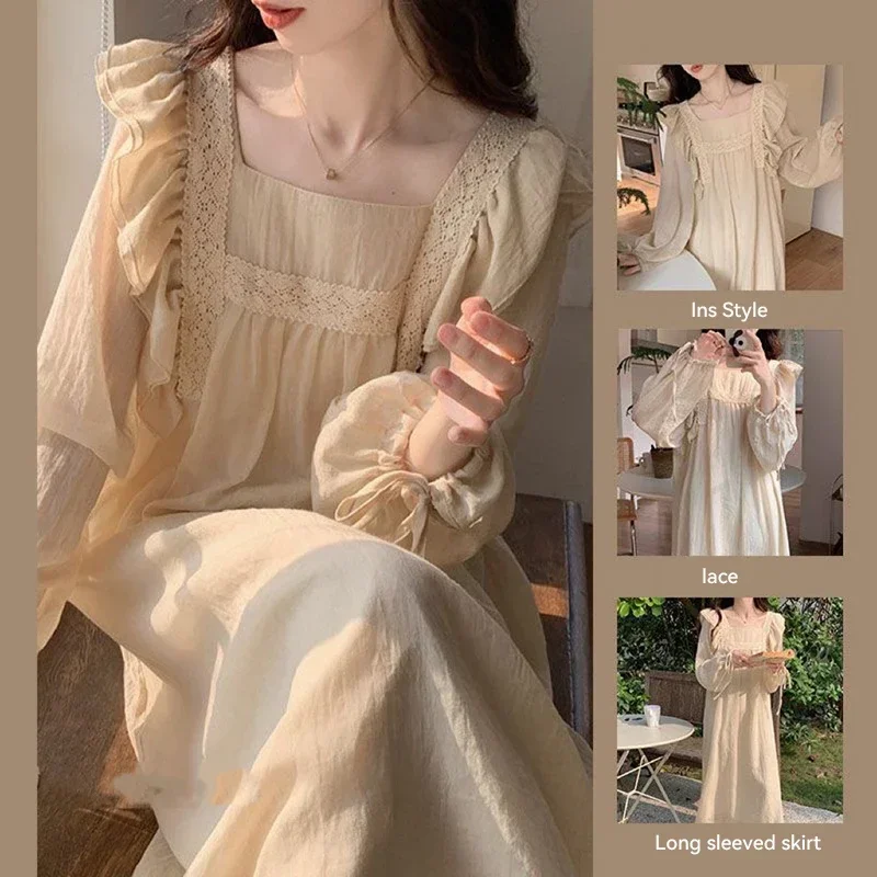 Lace Nightgown Sleepwear Womens Korean Ruffles Night Dress Lace One Piece Pajamas Autumn Long Sleeve Square Collar Home Wear New