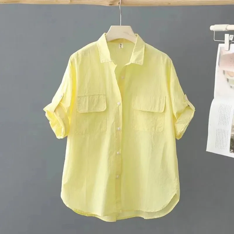 2024 Yelow Solid Casual Cotton Polo-Neck Single Breasted Short Sleeve Women's Blouse Shirt Korean Fashion Female Clothing Tops