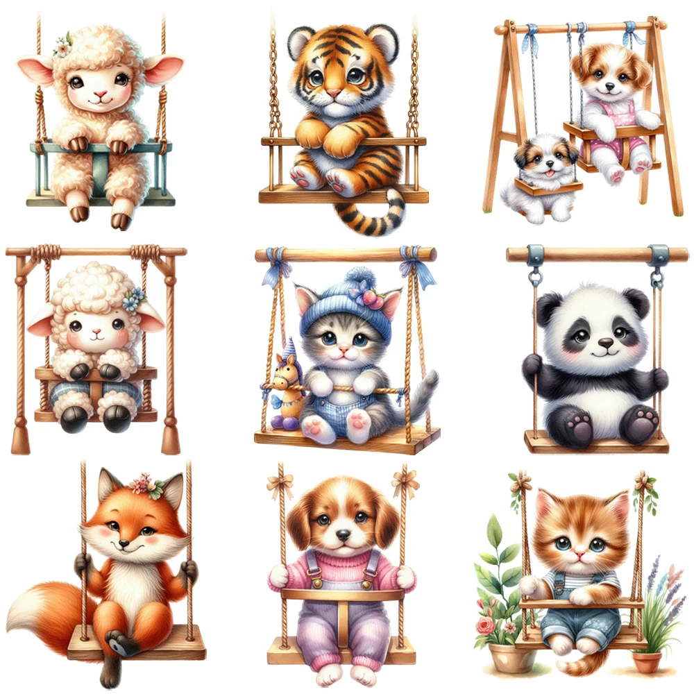 

15 см детские животные, играющие на качелях, термопереносная наклейка DTF, футболка «сделай сам», железные нашивки для переноса одежды, наклейка с принтом