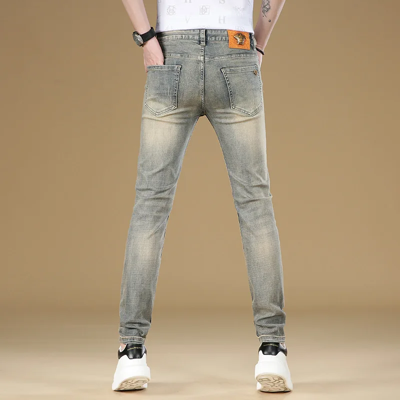 Jeans retrô simples masculino, slim fit, magro, calça casual high-end, stretch com tudo, aparência combinando, lavável, marca da moda