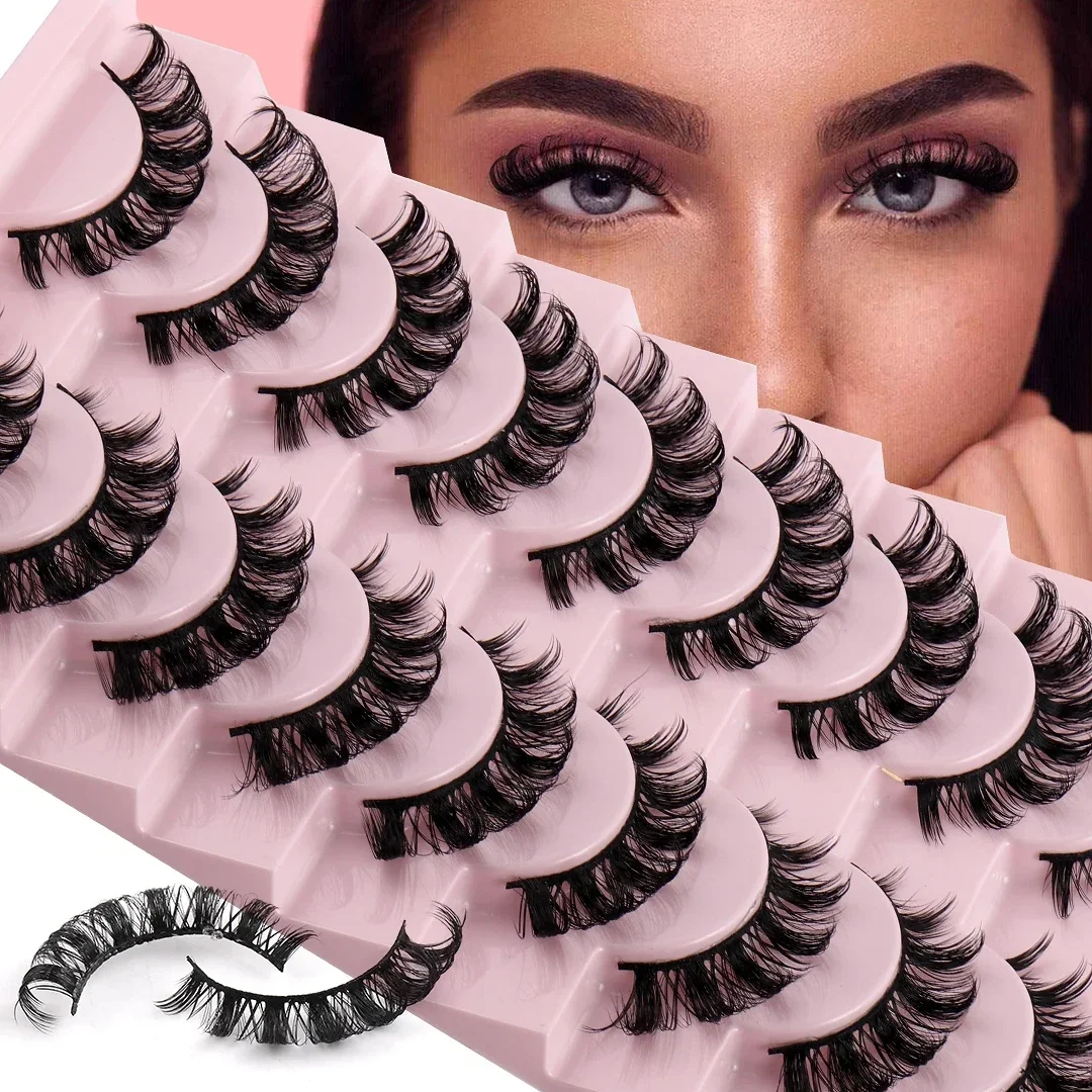 10 Pairs Russian Strip Lashes DD Curl False Eyelashes Fluffy Wispy Faux Mink Lashes Pack