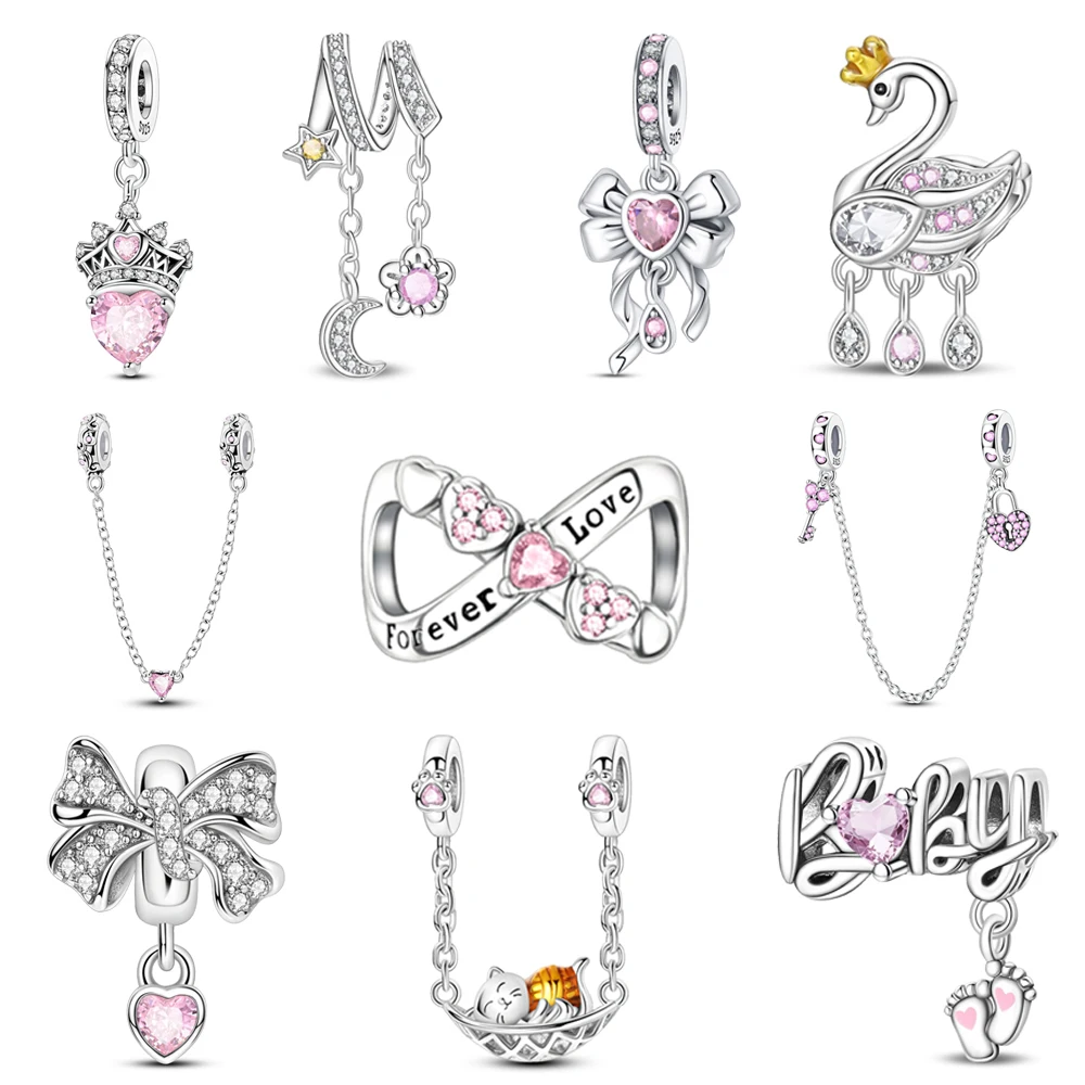 Rosa herzförmige 925er-Sterlingsilber-Charm mit funkelnden Schwanenperlen und Krone, passend für Armbänder, exquisite Schmuckgeschenke für Damen