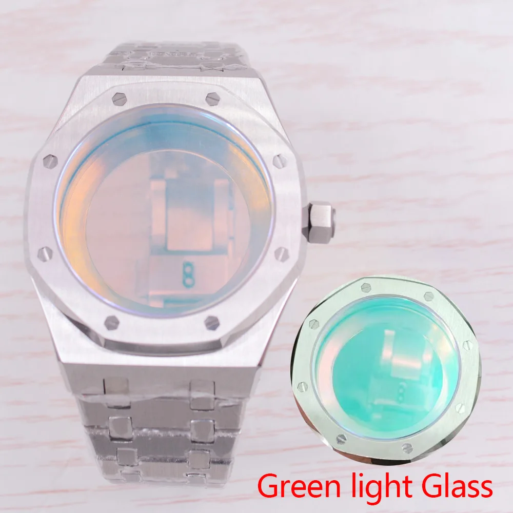 42mm Green light sapphire glass stainless steel brushed case FIT NH35 NH36 ETA2824 PT5000 Movement