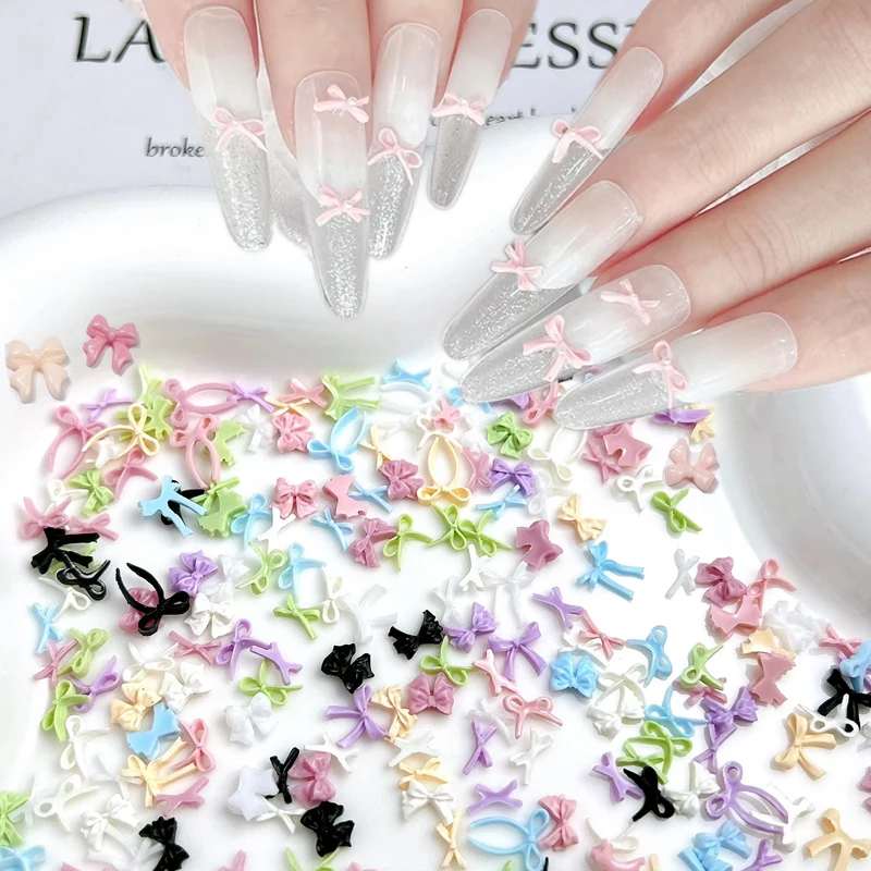 100Pcs ins Mixed Solid Color Bowknots Nail Art Decorations 3