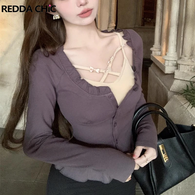 REDDACHiC Bow Camisole Cardigan Women 2-piece Set Long Sleeves Single-breasted Frill Trim Slim Crop Top Korean Casual Knitwear