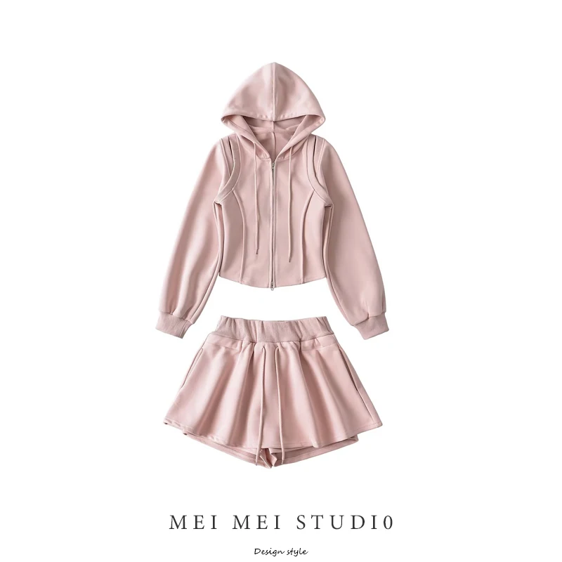 

Street Sle Hooded Jaet Dstring Sweatirt Outerwear High Waist A-Line Skirt Set Women's Spor Hollow Design Autu...
