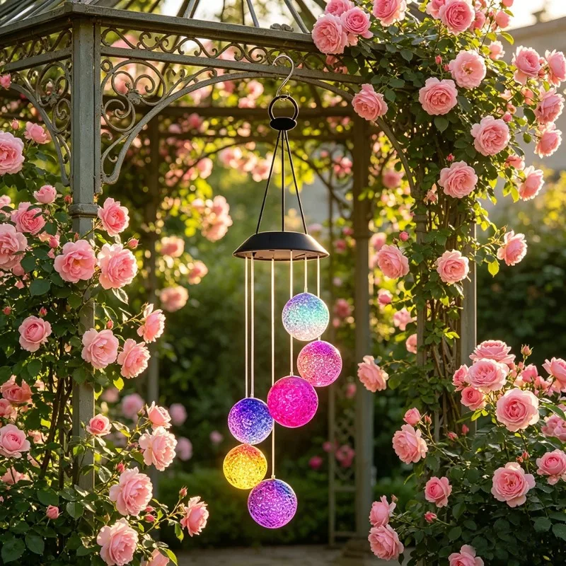 Solar Color Changing LED Crystal Ball Wind Chime Lamp Hanging Waterproof Outdoor Light Decor for Garden Yard Patio Courtyard
