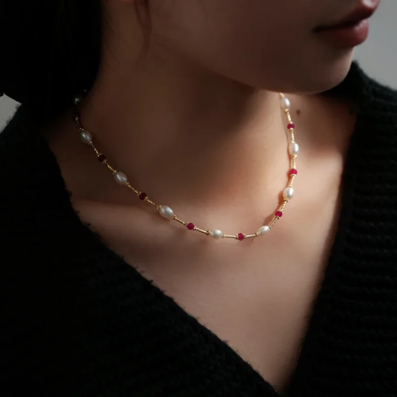 

Роскошные новые ювелирные изделия из чистого 18-каратного желтого золота, ожерелье из рубинового камня, натуральный пресноводный жемчуг Au750, вечерние свадебные подарки для женщинX735