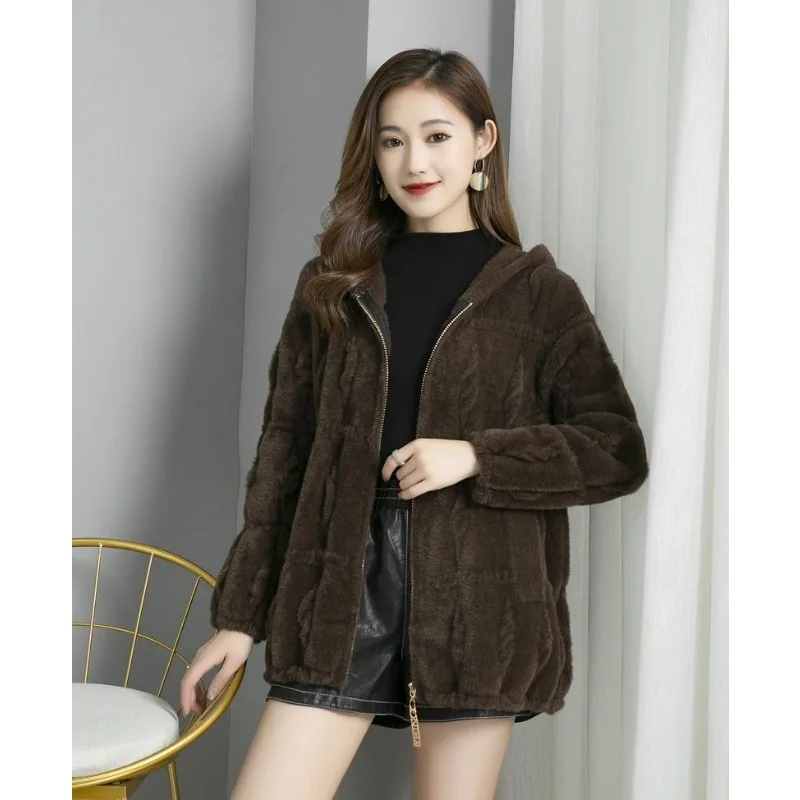 2023 neue Imitation Nerz Fleece Kapuze gestrickt Reiß verschluss Strickjacke Frauen Herbst Winter Mode Pullover Mantel