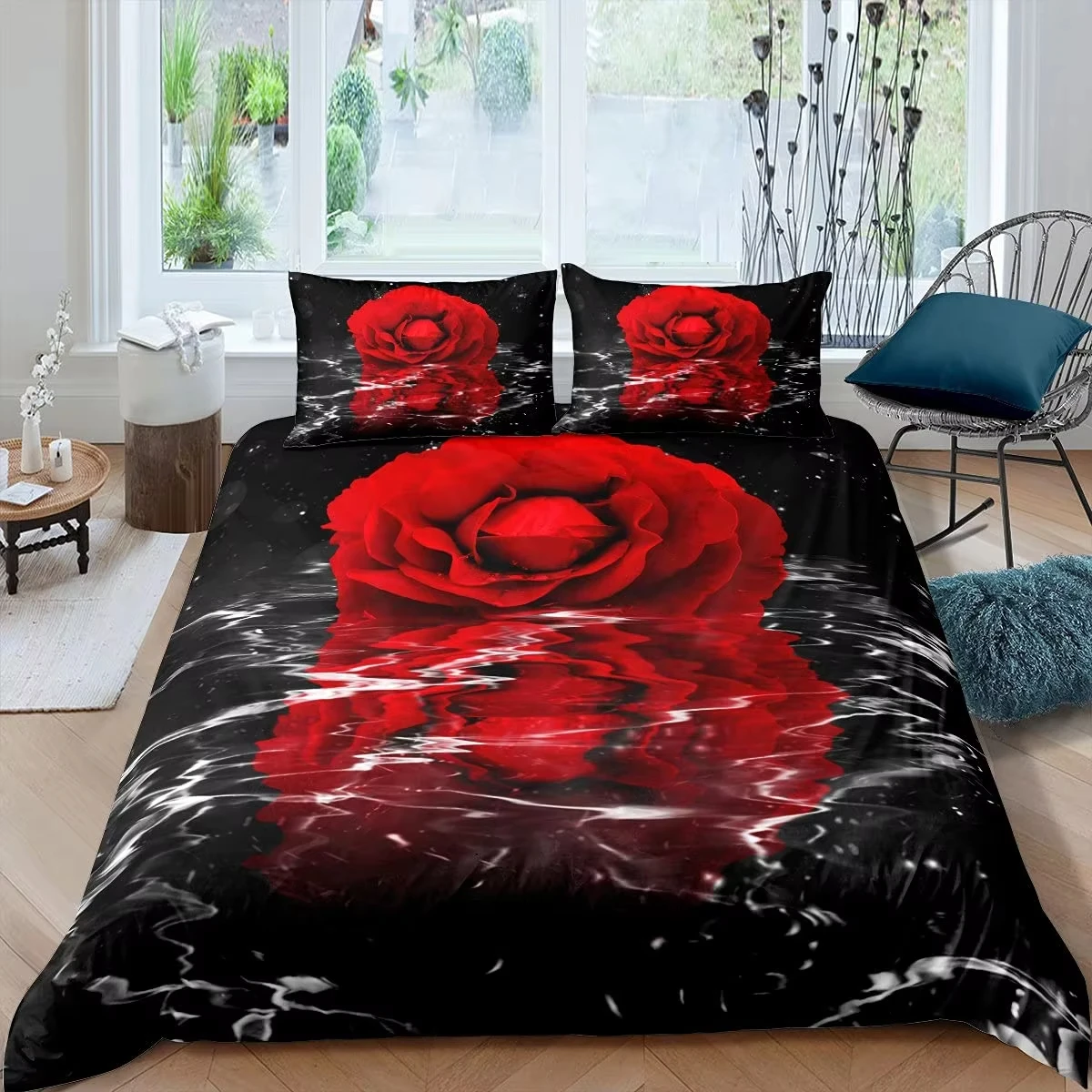 Red Rose Duvet Cover Water Blossom Floral Romantic Bedding Set Botanical Art Comforter Cover Chic Valentine's Day Theme Bed Sets