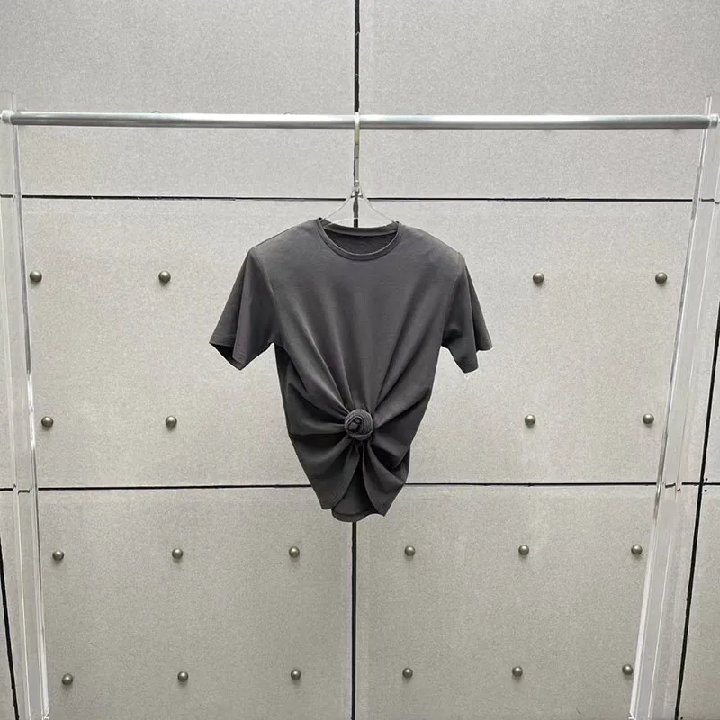 

Women's Padded Shoulder T-Shirt Silk-Linen Blend Short-Sleeve Crew Neck Top Washed Distressed T-Shirt Spring 2026 New Arrival