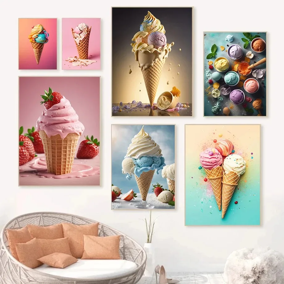 Delicioso postre, crema, fresa, arándano, cono de helado, póster rosa, pinturas en lienzo, imágenes artísticas de pared, decoración del hogar