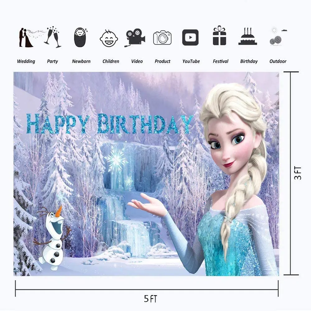 Disney Cartoon Frozen Snow Forest Anna Elsa Olaf Girls Photography Backdrop Custom Product Princess Birthday Photo Background