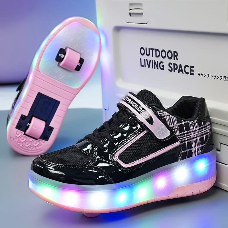 29-43 Fashion Children Two Wheels Glowing Sneakers LED Light Roller Skate Shoes Kids Boys Girls Swivel Buckle Sport Casual Shoes