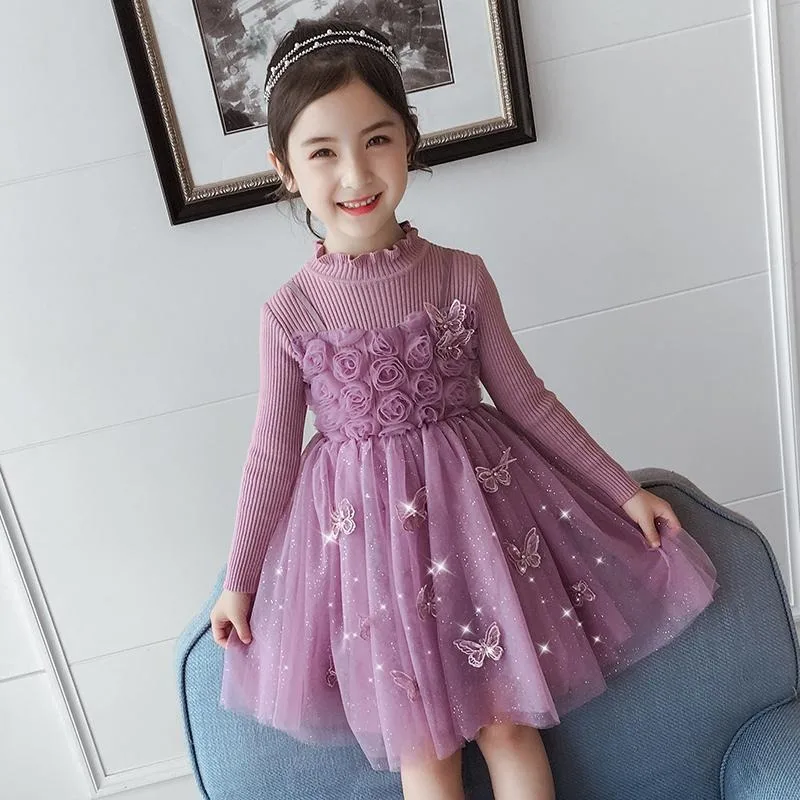 

Girls Princess Dress with Ruffled Tulle Skirt Spring New Long Sleeve Knit Dress for Children Floral Print Comfortable Stylish