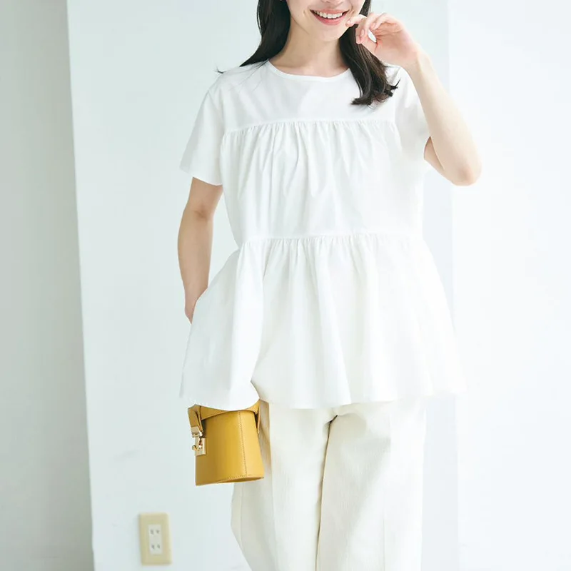 일본과 한국의 새로운 스타일 여성 여름 셔츠, 순면, 고급스러운 느낌, 루즈핏, 단색, 체크무늬, 러플 엣지