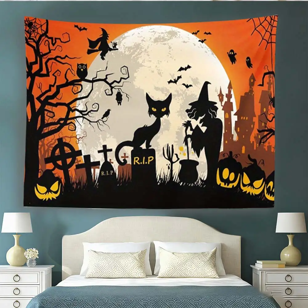 Halloween Tablecloth Retro Black Cat Pumpkin Ghost Print Scalloped Edge Dining Table Cover Party Decor