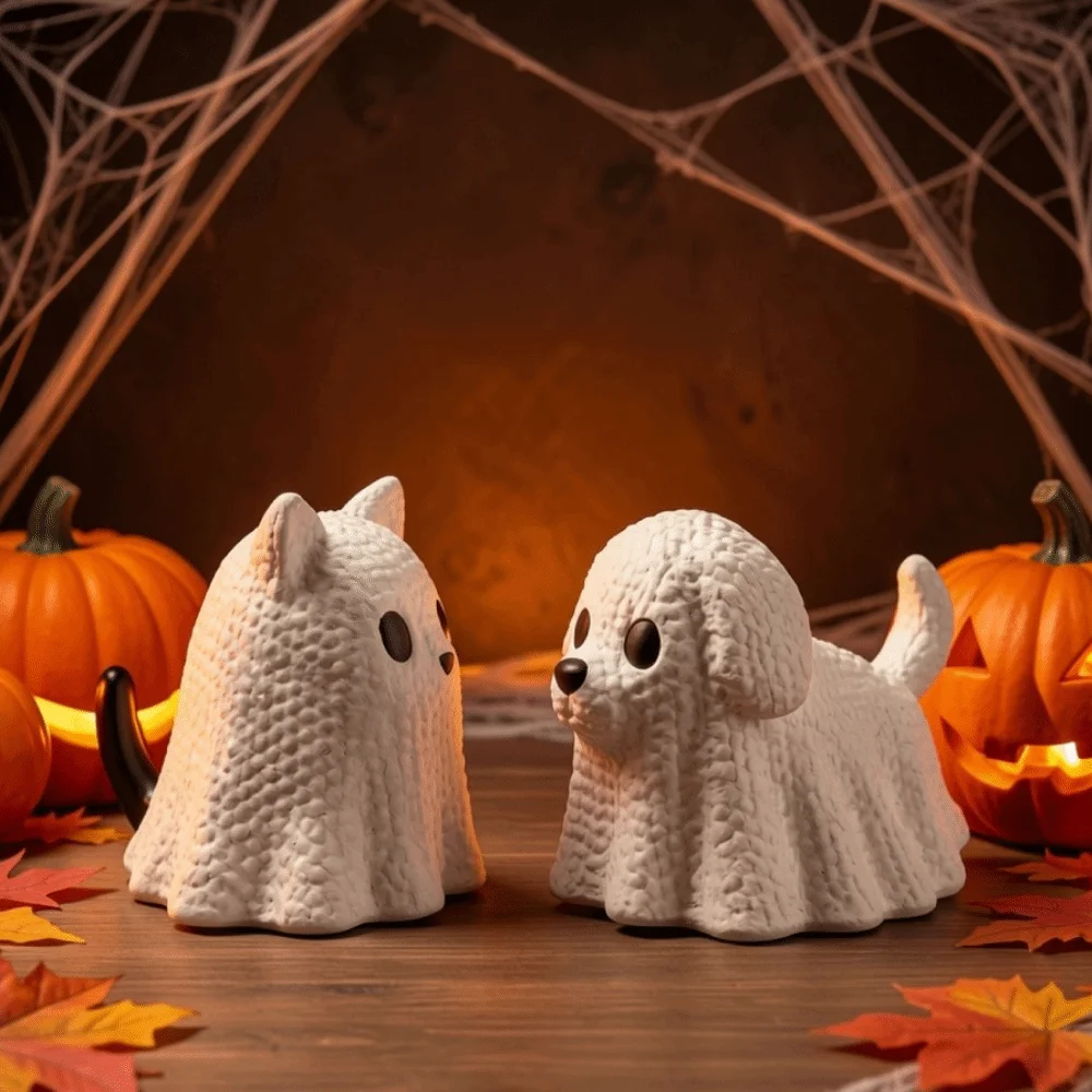 Knitted Texture Halloween Ghost Cat Dog Figurines Mini 3D Printed Ghost Cat Dog Desktop Ornaments Plastic Ghost Cat Dog Statue