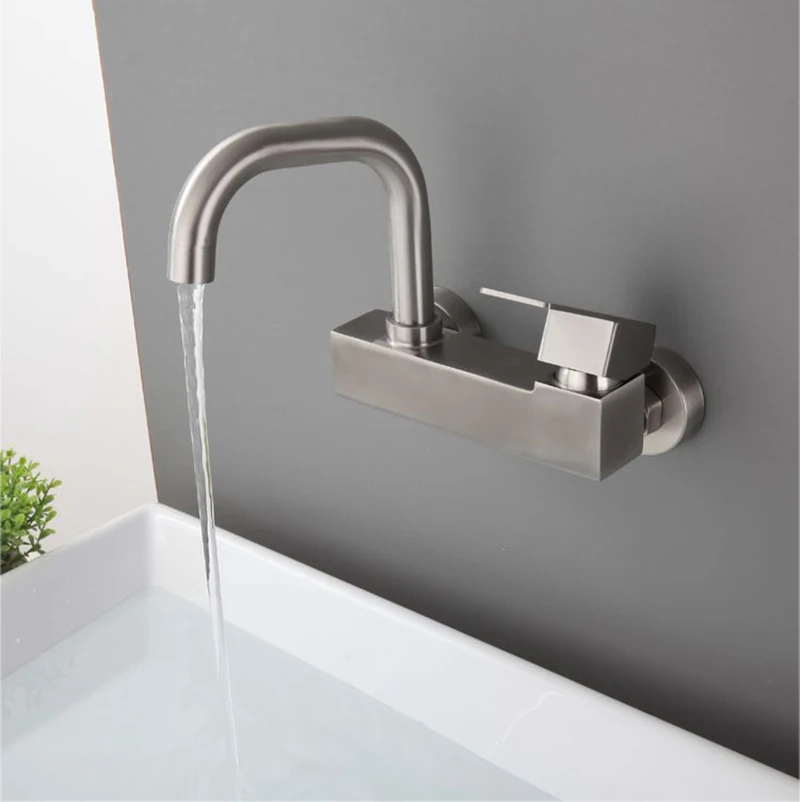 Kitchen Faucet Wall-Mount Bathroom Sink Tap Dual Holes Hot and Cold Mixer Balcony Washing Mop Basin Bibcock Universal Swivel Tap