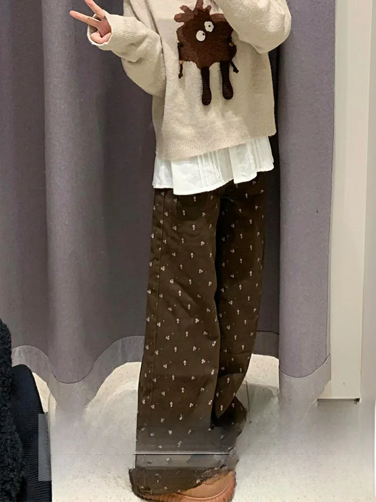 

Джинсы из флокированного денима в стиле ретро с высокой талией, повседневные женские джинсы, осенне-зимние прямые длинные брюки для женщин с грушевым принтом