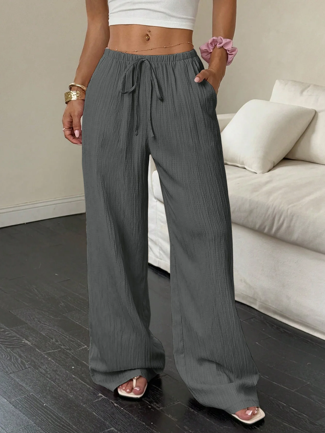 Women's Solid Color Textured Wide Leg Pants High Waist Drawstring Loose Casual Trousers Comfortable Pants For Daily Wear