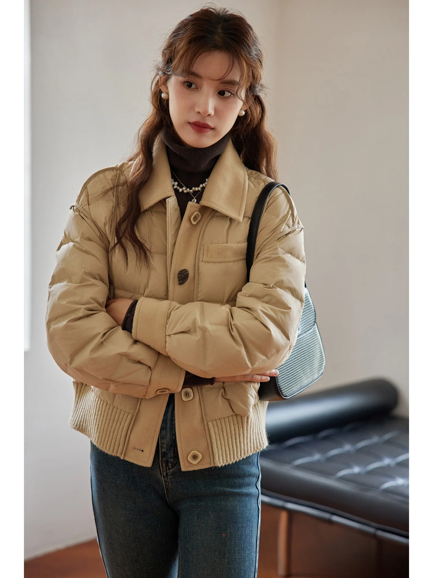 

Retro Knitted ort Duffel Coat with Patchwork And Small Square ids Warm Outerwear Nylon Fabric Du down Filling Pure Colo...