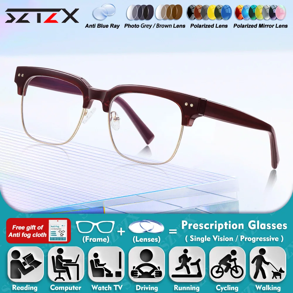 

SZTZX Men Classic Square Design Myopia Computer Office Prescription Glasses Blue Light Blocking Photochromic Progressive Eyeware