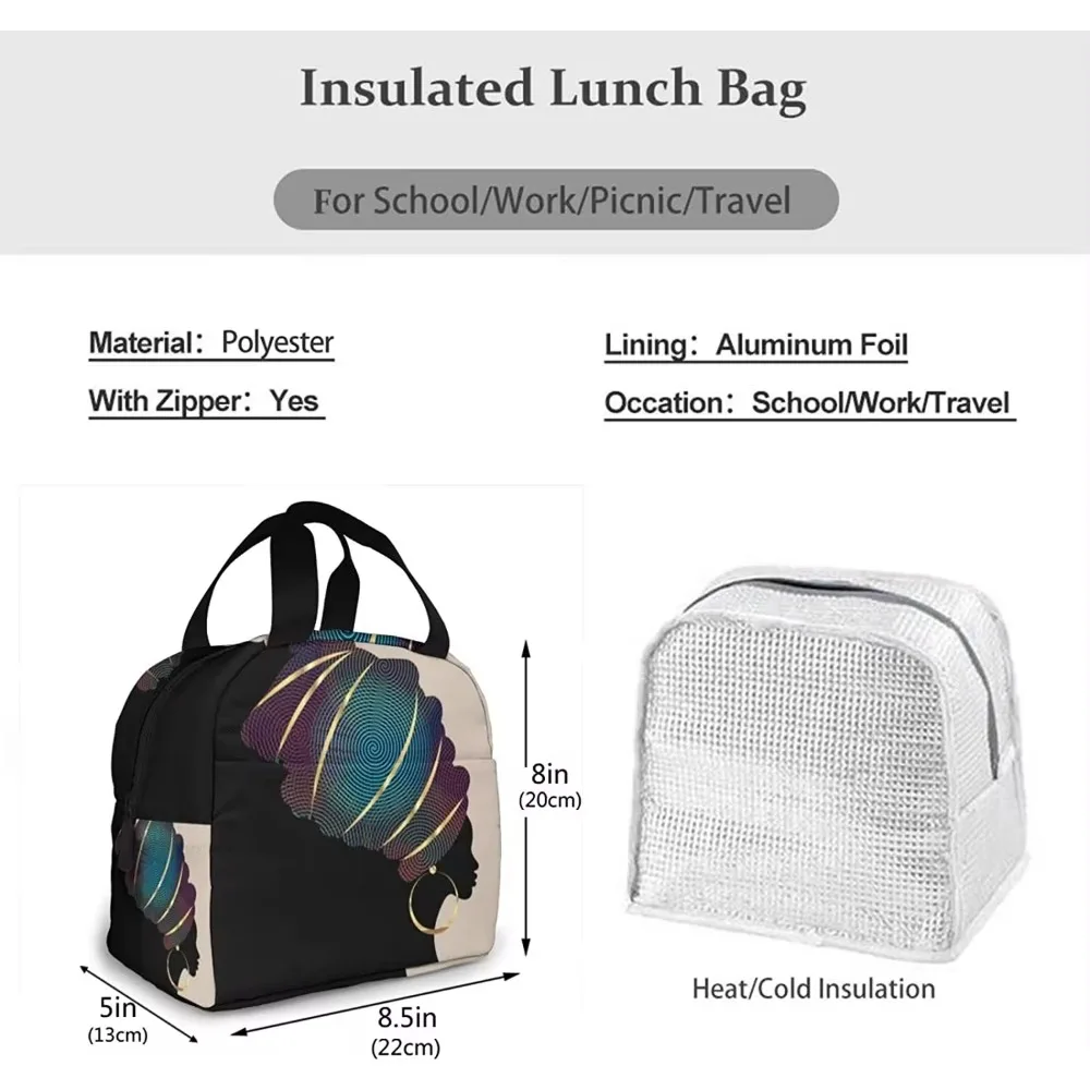 Afro American Woman borsa da pranzo isolata a prova di perdite African Black Girl Tote Lunch Box con cerniera per donna uomo Picnic Office