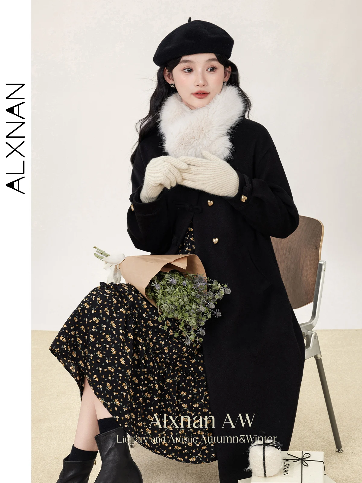 ALXNAN Black Woolen Coat for Women Autumn Winter Polo Collar Drop Sleeve Heart Button 2024 Female Commuter Long Outerwear L51208