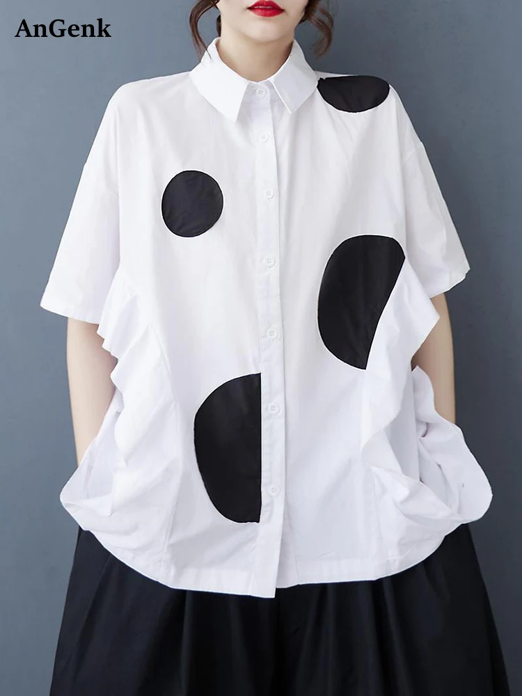 

2025 Summer New White Vintage Polka Dot Print Shirt Women Ruffles Lapel Short Sleeve Loose Casual Blouse Top Fashion Clothing