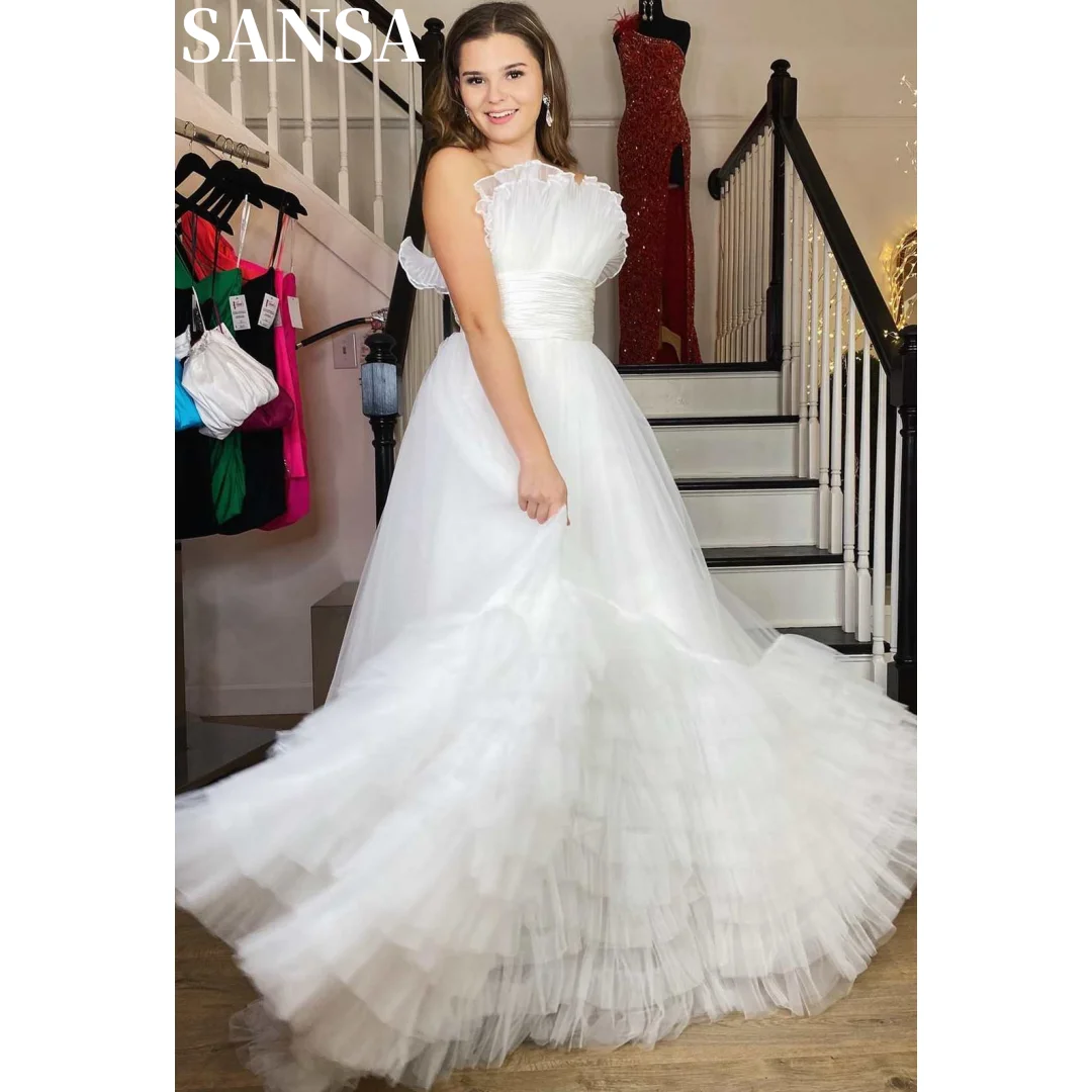 Sansa Customized Graceful A-line Lace Evening Dress Pleats Floor-Length Strapless Wedding Dresses Sleeveless vestidos de fiesta