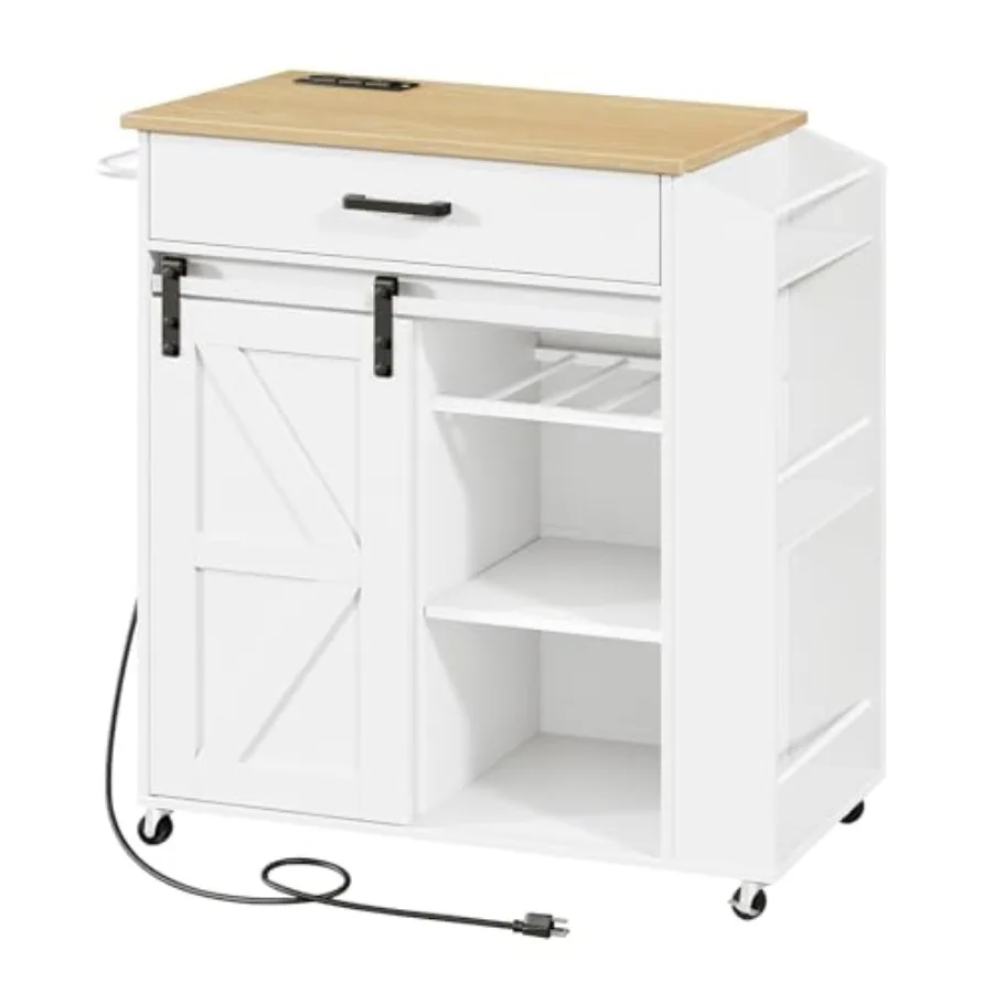 

Kitchen Island on Wheels Rolling Island Cart with Power Outlet Kitchen Storage Table with Sliding Barn Doors 1 Drawer and Spice