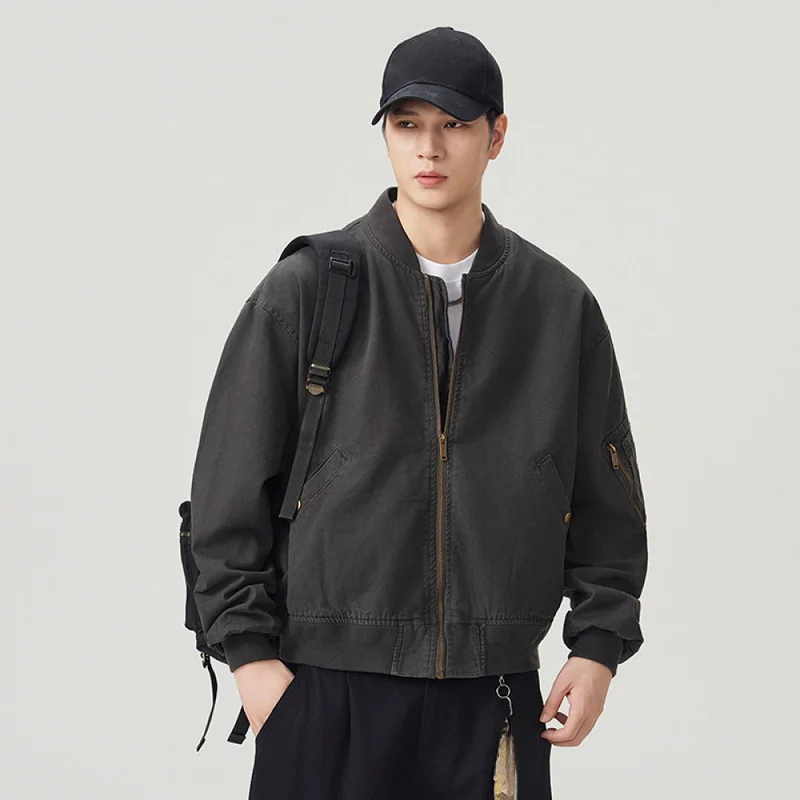 QICHE Men's Baseball Collar Work Jacket American Retro Motorcycle Style Autumn Winter Simple Loose Casual Coat