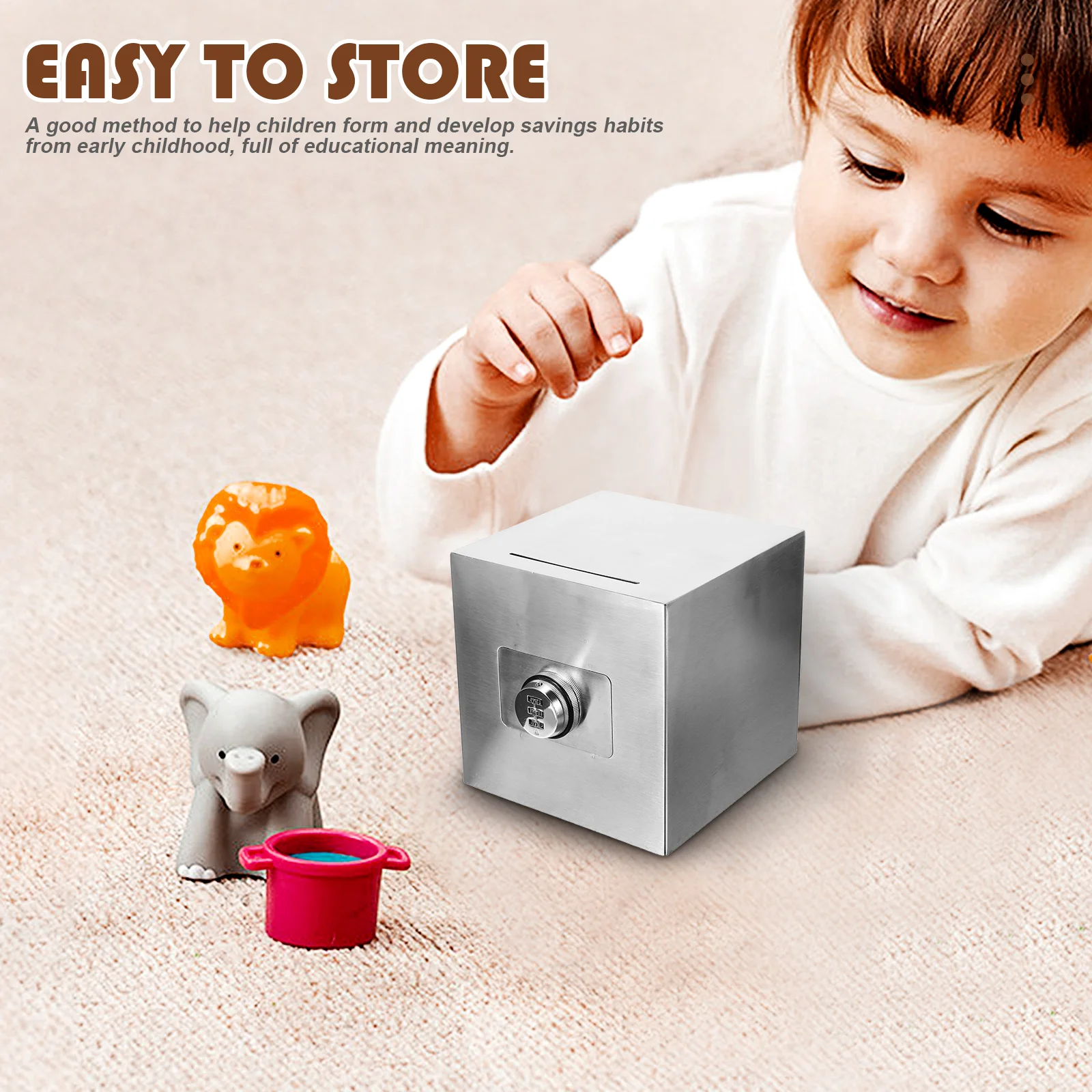 

Stainless Steel Piggy Bank 15x15x15cm Large Size Kids Savings Bank with Lock Secure Money Storage Safe Tin Jar