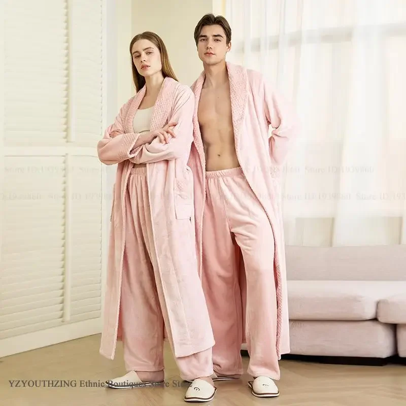 

Large Size Flannel Long Robe Pajamas Set Sleepwear Autumn Winter Bathrobe Kimono Gown Lounge Wear Coral Fleece Pijamas Suit
