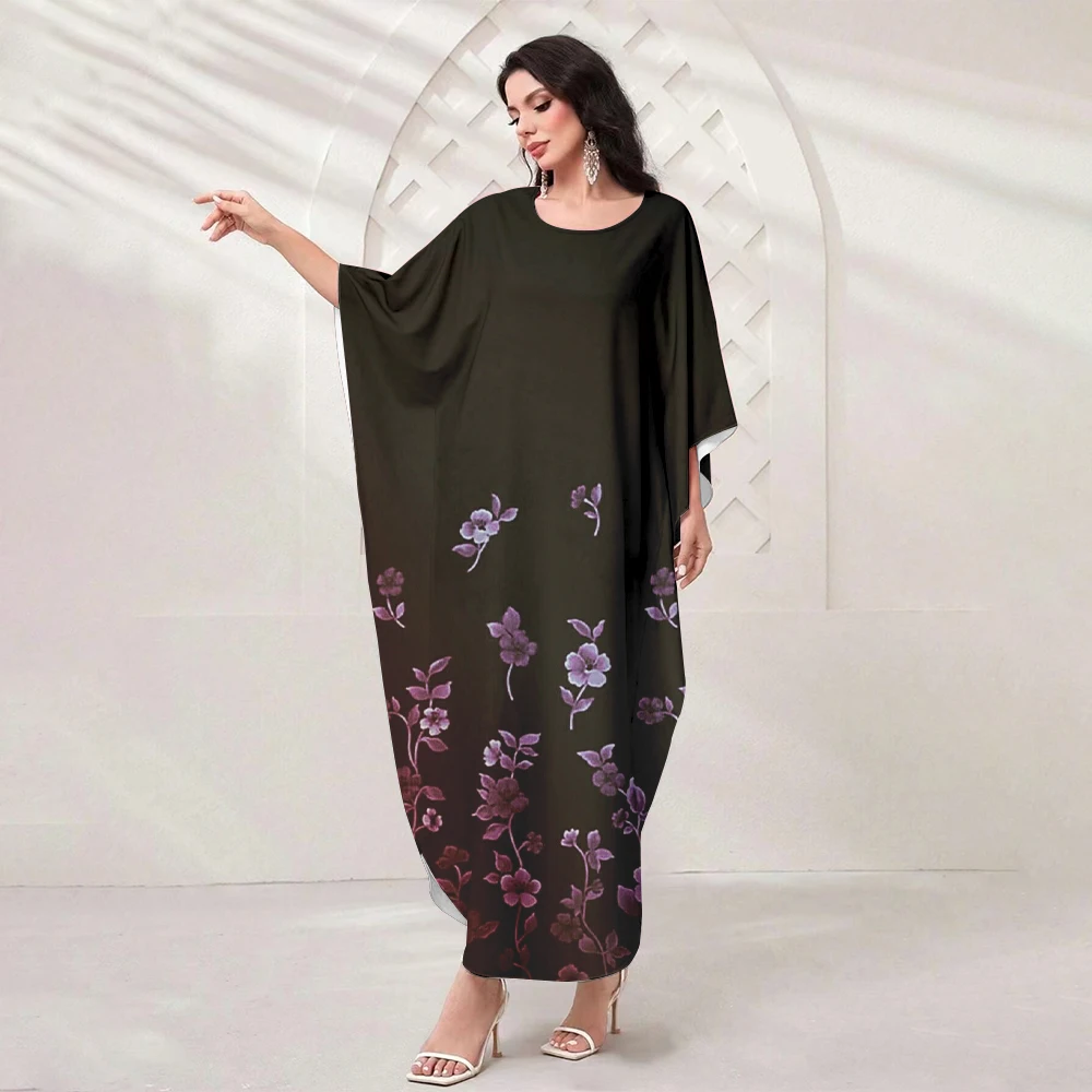 Boutique Muslim Elegant Women's Dress Fashion Weeping Willow Print Bat Sleeve Loose Robe Arab Dubai Muslim Floor-Length Dress