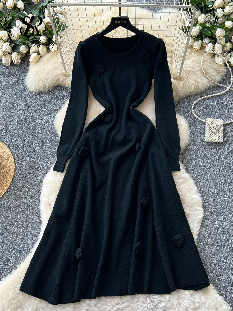 Robe longue tricotée à fleurs 3D pour femme, col rond, manches longues, taille élastique, ligne A, basique d'hiver, couleur unie, chaude, robe de soirée, 2025