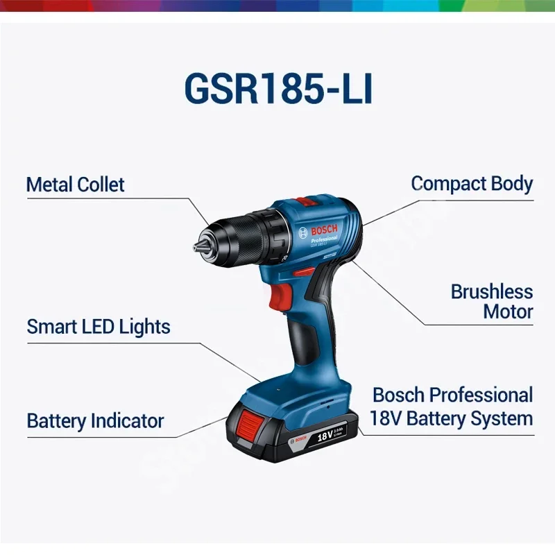 Bosch 18V Cordless Drill Electric Screwdriver Gsr 185-Li Brushless Rechargeable Battery Drill Driver Power Tools for Metal Wood