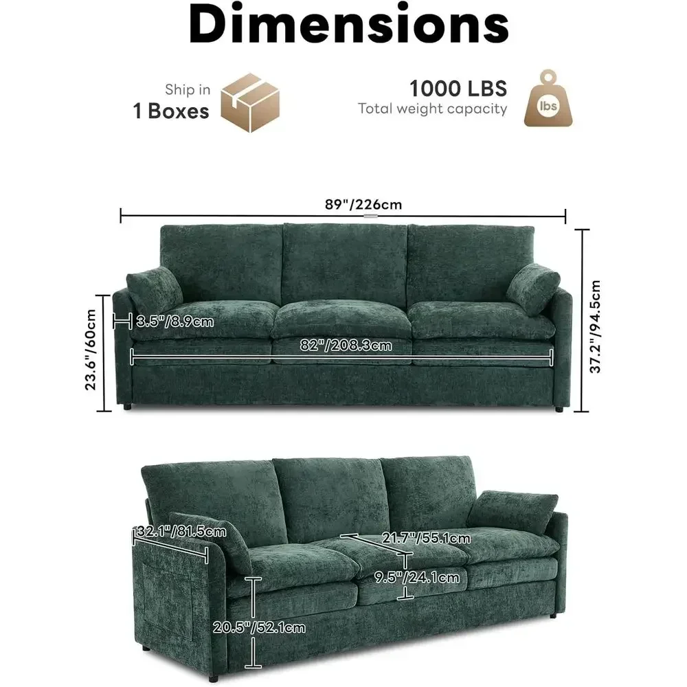89 Cloud Comfort 3-Seater Sofa with Pillows, Chenille Fabric, Removable Covers, Soft Upholstered Living Room Furniture, Green
