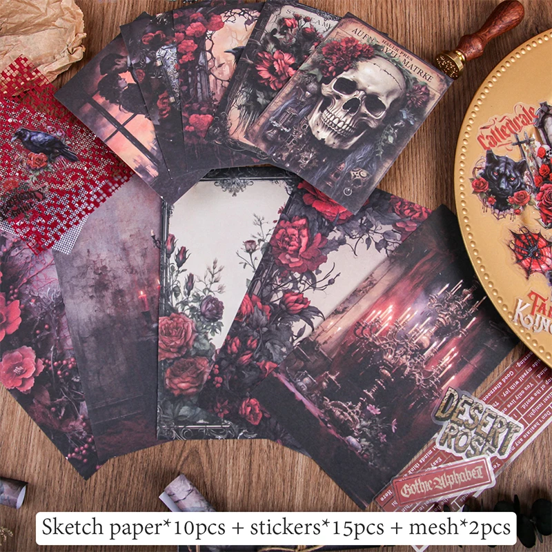 Gothic Dark Style Rose & Skull Scrapbook Paper Perfect for Junk Journal Creation, Greeting Cards and Notebook Decoration.