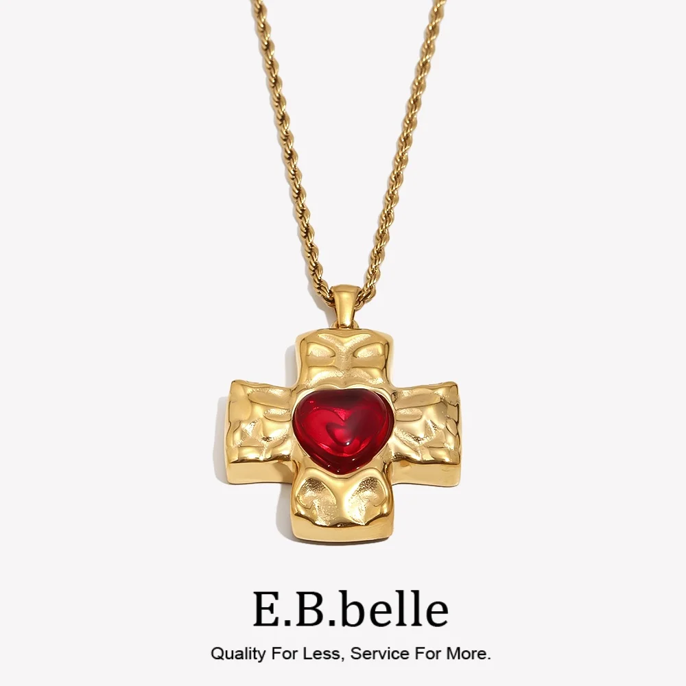 E.B.belle Hammer Pattern Heart Shape Agate Stone Pendant Necklace Stainless Steel 18k Gold Plated Cross Jewelry For Women Charm