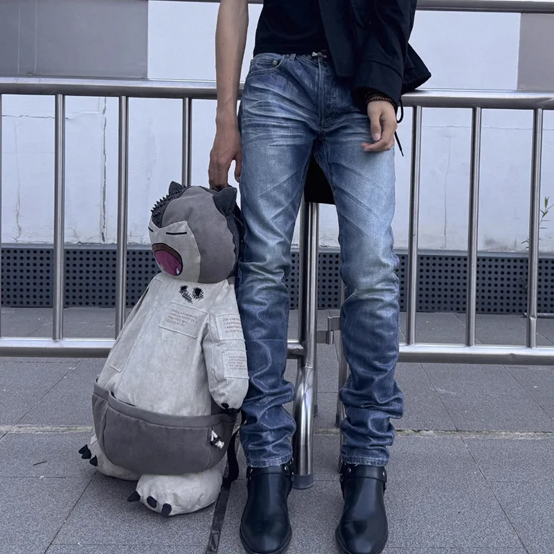 High Street Jean Pants Men's Blue Glue Ghost Claw Coating Washed Cat Whiskers Slim Fit High Street Streetwear Denim Pants