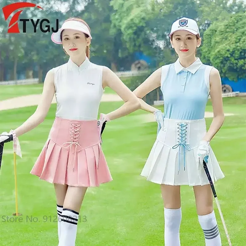 TTYGJ Women Golf Short Skirt Retro Slim High-waist A-line Skort Ladies Lace-up Pleated Culottes Soft Anti-light Mini Pantskirts