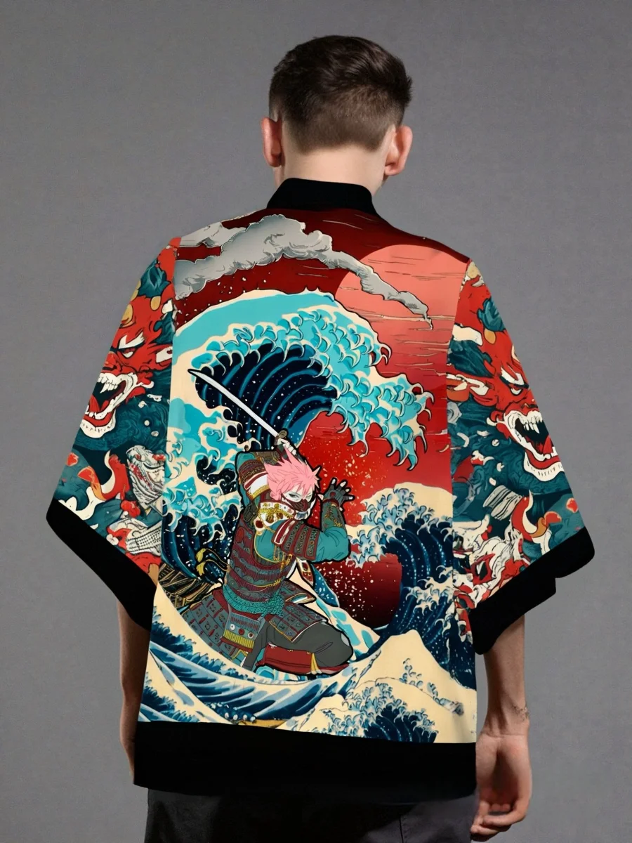 Japanese Kimono Ninja Samurai Sea Wave Cartoon Pattern Printed Men's Top and Women's Shirt Harajuku Style Handsome Cosplay Cloak