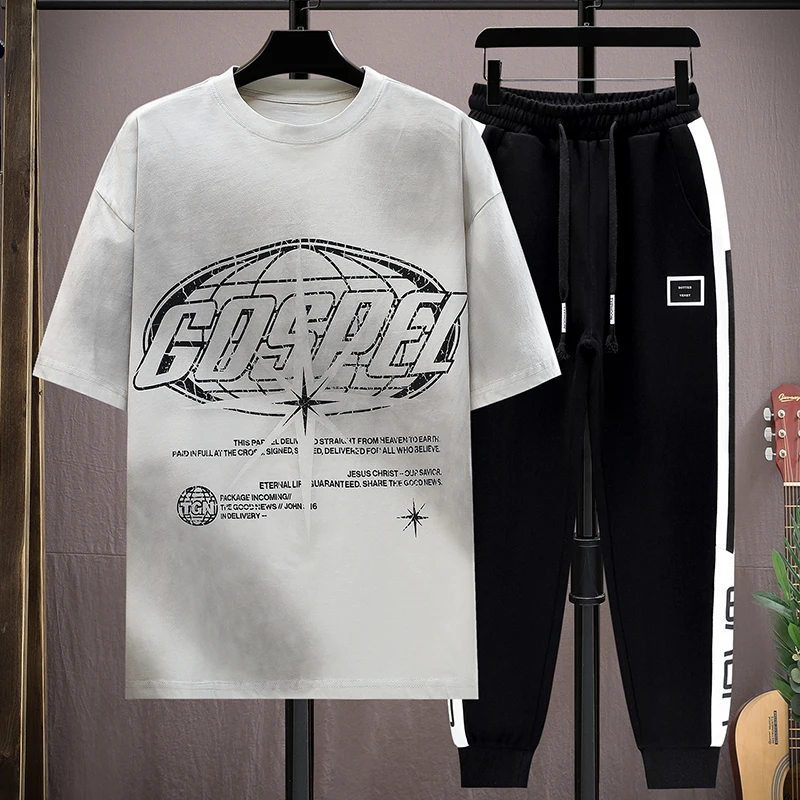 

Мужской повседневный спортивный костюм-двойка: модный уличный комплект из футболки и брюк, пляжная одежда, летний свитшот и футболка, новинка