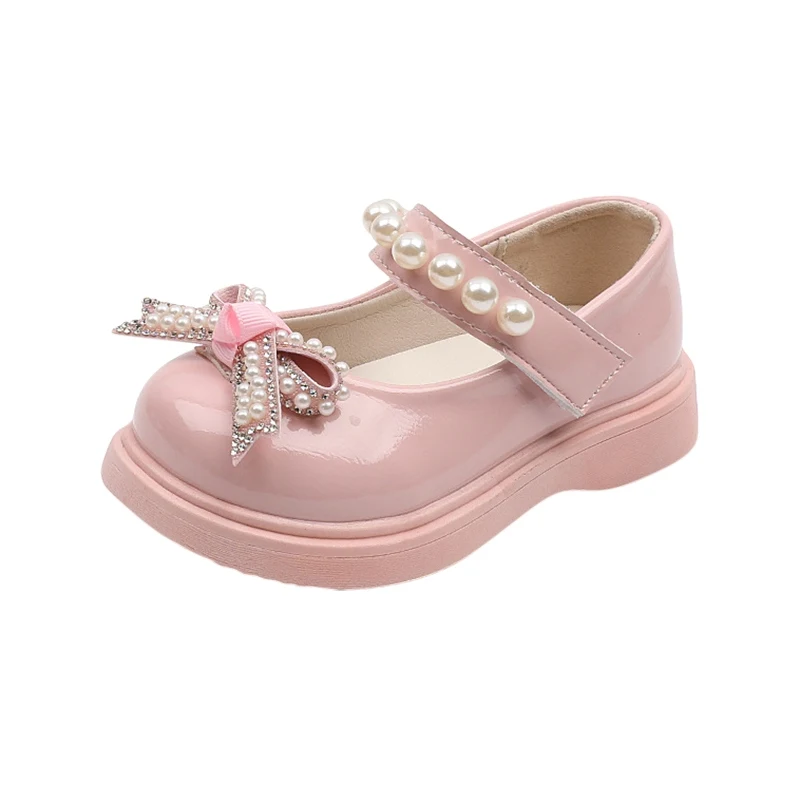 Children Girls Princess Shoes Spring Autumn Retro Patent Leather Cute Pearl Bow Dance Shoes Girls Flats Non-slip Beans Shoes