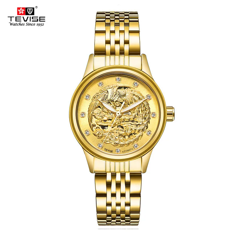 

Men's mechanical wrist watch with stainless steel band, skeleton dial and phoenix pattern.