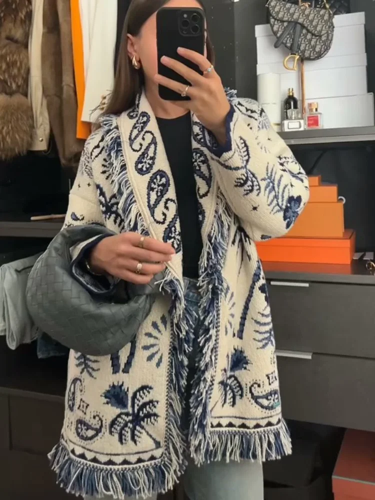 

Women Tassel Patchwork Printed Cardigan Fashion V-neck Long Sleeve Loose Knitwear Lady Autumn Commute Street Cardigans